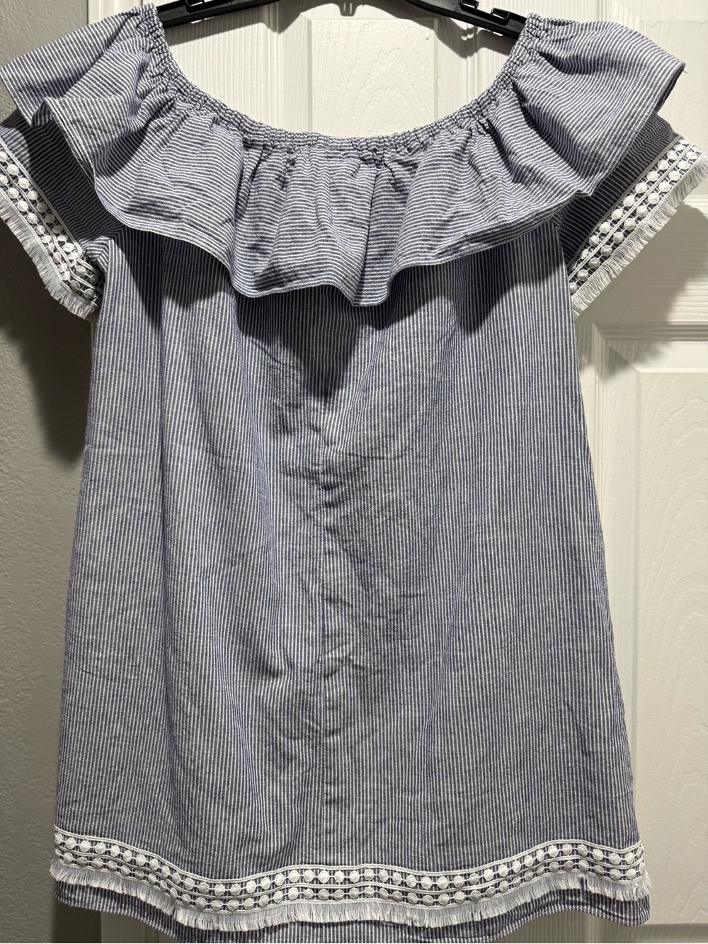 Women's Blue Striped Off-Shoulder Ruffle Top - Picture 6 of 6